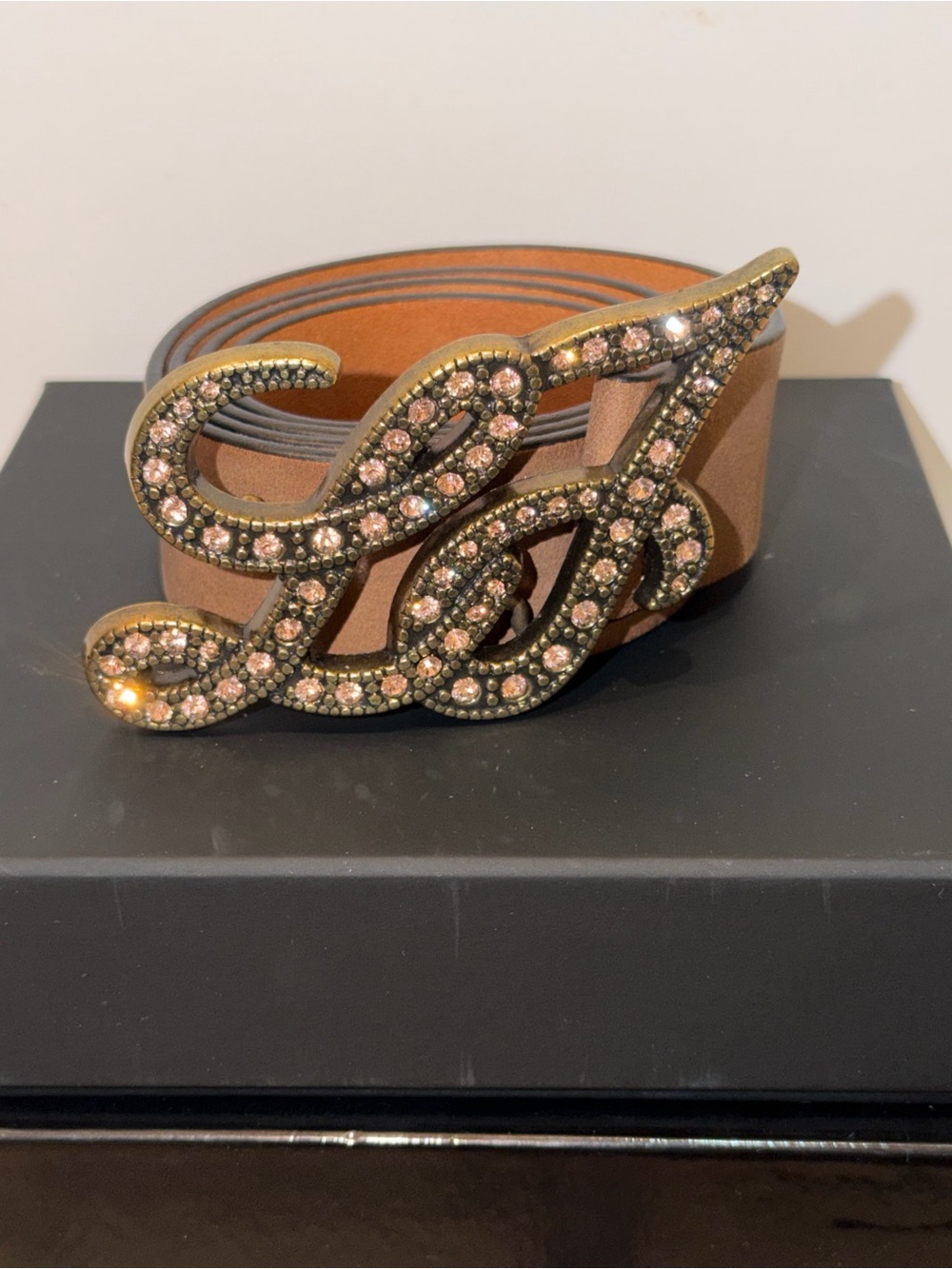 LIU JO Vintage Women’s Brown Belt Gold Buckle w Tan Rhinestone Logo Adjustable S